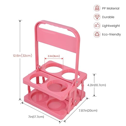 Bodaon 4 Cup Drink Carrier with Handle, Plastic Cup Carriers for Drinks, Drink Holder for Car, GrubHub/Eats Doordash Accessories, Portable Foldable Reusable Mobile, Use for Food Delivery Bag, Pink