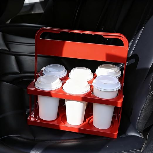 Bodaon 6 Cup Drink Carrier with Handle, Plastic Cup Carriers for Drinks, Drink Holder for Car, GrubHub/Eats Doordash Accessories, Portable Foldable Reusable Mobile, Use for Food Delivery Bag, Red