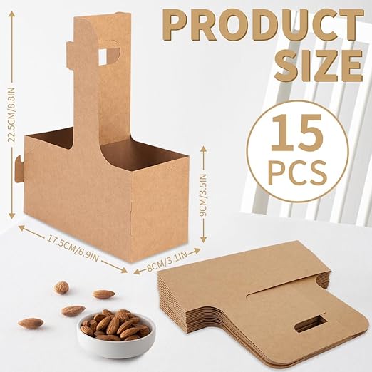 Bodaon 2 Cup Drink Carrier with Handle, 15 Pcs Cardboard Cup Holders, Disposable Drink Carriers for Delivery, Kraft Paper Coffee Cup Holder to Go, Take Out Cup Carriers for Hot/Cold Drinks