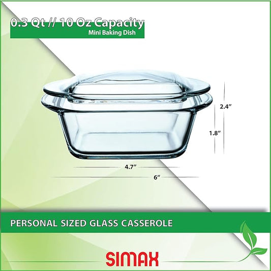 Simax Casserole Dish For Oven, 10 Ounce Mini Glass Baking Dish With Lid, Small, Personal Sized Bakeware and Cookware, Great for Storage, Microwave, Oven, And Dishwasher Safe Borosilicate Glass Dish