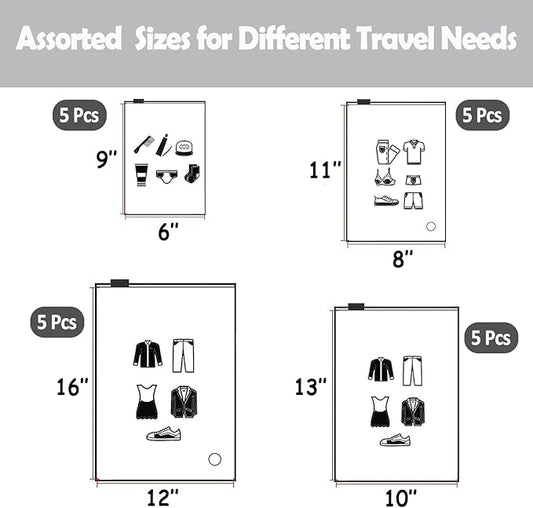 (20 pcs Value Pack) Travel Luggage Organizer Bags, Assorted Sizes, 4Mil Resealable Slider Zip Plastic Clothing Packaging, Frosted Travel/Home Storage and organizing Pouches, Space Saver Bag