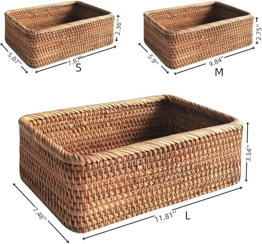 Natural Rattan Storage Baskets Set of 3 natural rattan Rectangular braided wicker box,fruit basket wicker basket, baskets for Organizing Container Bins for Shelves Cupboards Drawer