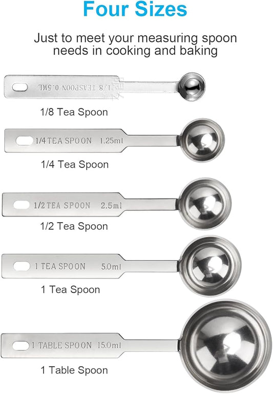 5PCS OstWony Measuring Spoons Set, Includes 1/8 tsp, 1/4 tsp, 1/2 tsp, 1 tsp, 1 tbsp, Food Grade Stainless Steel measuring cups, Tablespoon and Teaspoon for Measure