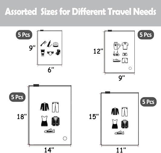 (20 pcs, 4 Sizes) Travel Luggage Organizer Bags, 4 Mil Slider Zip Plastic Clothing Packaging Bags, Travel/Home Storage and organizing pouches, Space Saver Bag (6''x9''-14‘’x18'')