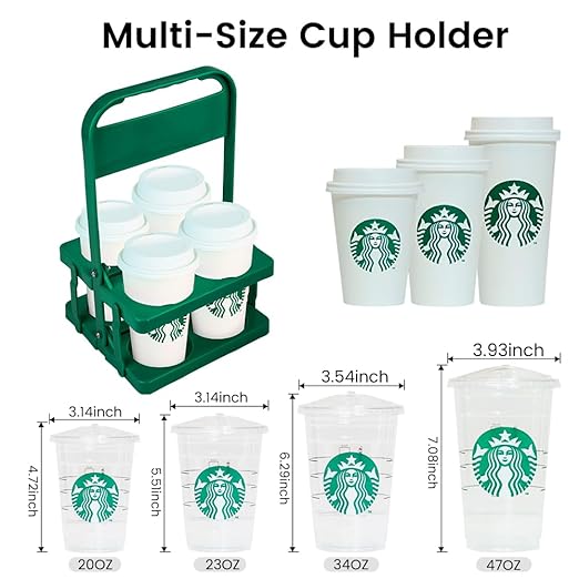 Bodaon 4 Cup Drink Carrier with Handle, Plastic Cup Carriers for Drinks, Drink Holder for Car, GrubHub/Eats Doordash Accessories, Portable Foldable Reusable Mobile, Use for Food Delivery Bag, Green