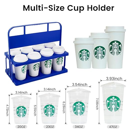 Bodaon 8 Cup Drink Carrier with Handle, Plastic Cup Carriers for Drinks, Drink Holder for Car, GrubHub/Eats Doordash Accessories, Portable Foldable Reusable Mobile, Use for Food Delivery Bag, Blue