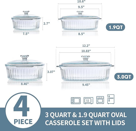 M MCIRCO 4-Piece Glass Casserole Baking Dish, Set of 2 Casseroles With Glass Lids, 1.9 Qt and 3 Qt