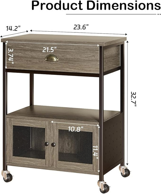 Catrimown Coffee Cart Station, Coffee Stand Station, Small Microwave Stand with Drawer, Movable Farmhouse Coffee Station Table on Wheels for Living Room, Entryway, Dining Room, Kitchen, Wash Grey
