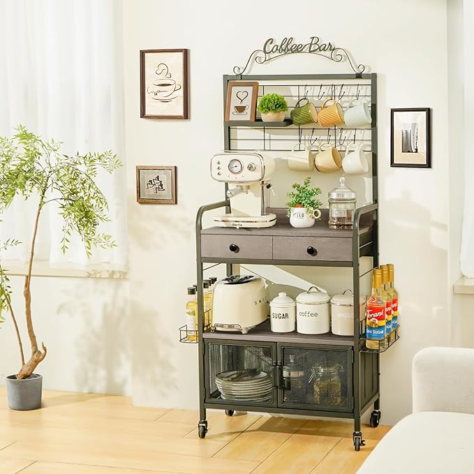 Coffee Bar Cabinet with Storage, Coffee Cart with Wheels, Coffee Station with Coffee Bar Sign and Mug Hook, Corner Coffee Bar Table with Drawer, Bakers Rack for Kitchen Dining Room Living Room Nook