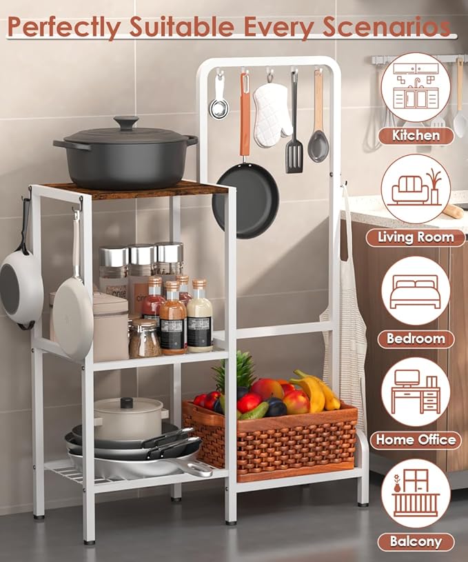 Mocomax 3-Tier Pot and Pan Organizer Rack, Free Standing Cookware Storage Stand, Multifunctional Metal Corner Shelf Holds 50LB, Pan Pot Lid Tower Holder with 8 Hooks for Kitchen Pantry and Home, White