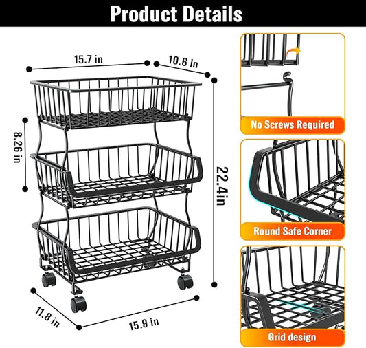 3-Tier Rolling Pantry Organizers and Storage Cart with Wheels – Stackable Wire Snack Cart for Kitchen, Pantry Shelves and Storage Rack for Fruit, Vegetables, Onion, Potato, 1 Pcs