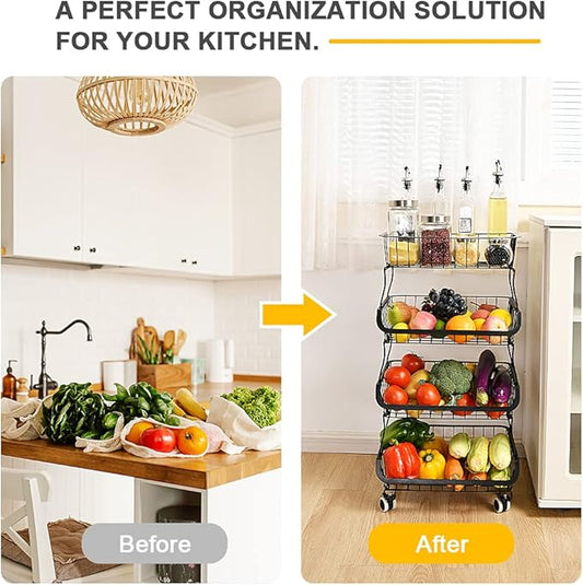 Fruit Vegetable Storage Basket, 4 Tier Stackable Metal Wire Storage Baskets with Wheels, Fruit Vegetable Produce Basket Organizer Bins for Kitchen, Pantry, Bathroom