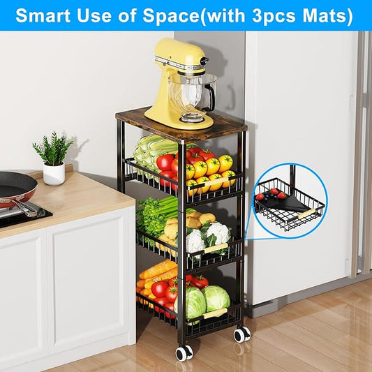 Fruit Vegetable Storage Basket for Kitchen, 4 Tier Large Pull-Out Metal Wire Baskets with 3 Pack Mats Bottom, Wood Top and Wheels, Vegetable Produce Bins Stand Cart Rack for Onions and Potatoes
