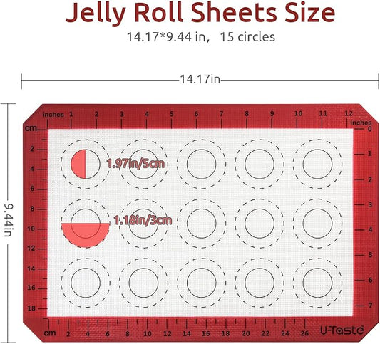 446ºF Heat Resistant Macaron Mat: U-Taste 14.17x9.44in Non Stick Silicone Baking Mat, Reusable Cookies Pastry Sheet Liner with Edge Enhancement & Circle Measurement for Cake Pan (Red)