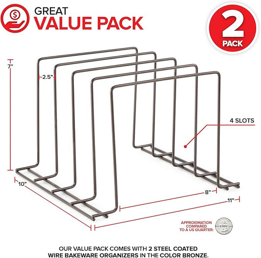 Stock Your Home Bronze (2 Pack) Steel Baking Pan Organizer Rack for Cabinet or Counter, Holder for Kitchen Cutting Boards, Pot Lids, or Cookie Sheets - Rust Proof Wire, Drying Storage