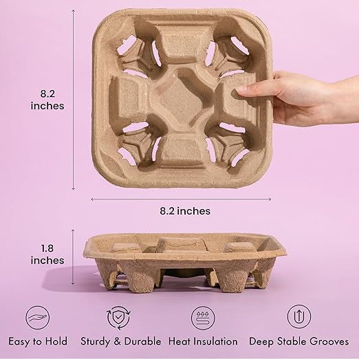 FMP Brands 4 Cup Disposable Drink Carrier Trays, 45 Pack Compostable Pulp Fiber Cup Holder for 8-32 oz Cup, Durable to Go Coffee Cup Holders for Delivery Service, Uber Eats