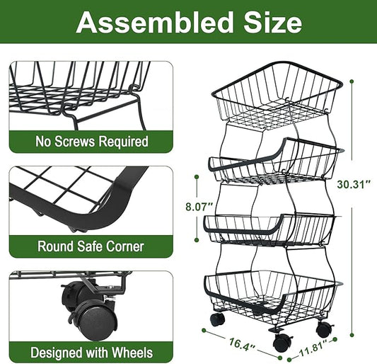 Fruit Vegetable Storage Basket, Kitchen Fruit Vegetable Storage Cart, 4 Tier Stackable Metal Wire Storage Baskets with Wheels, Produce Basket Organizer Bins for Pantry, Bathroom, Black