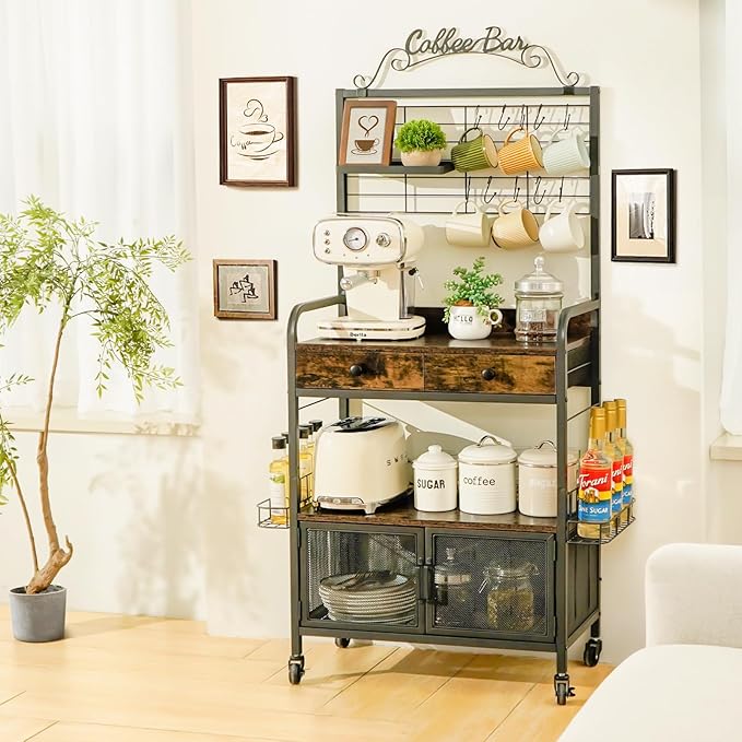Coffee Bar Cart with Wheels, Coffee Bar Table, Kitchen Coffee Bar Cabinet with Storage, Rustic Coffee Bar, Rolling Coffee Cart, Coffee Nook, Corner Coffee Bar Station with Drawer, Bakers Rack