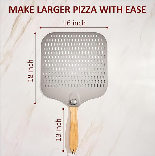 Pizza Peel 16 inch,16" Wx 18" L, Aluminum pizza peel with Foldable Wood Handle and Storage Bag, Non-perforated (16 inch Perforated)