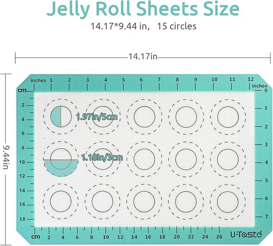 446ºF Heat Resistant Macaron Mat: U-Taste 14.17x9.44in Non Stick Silicone Baking Mat, Reusable Cookies Pastry Sheet Liner with Edge Enhancement & Circle Measurement for Cake Pan (Aqua Sky)
