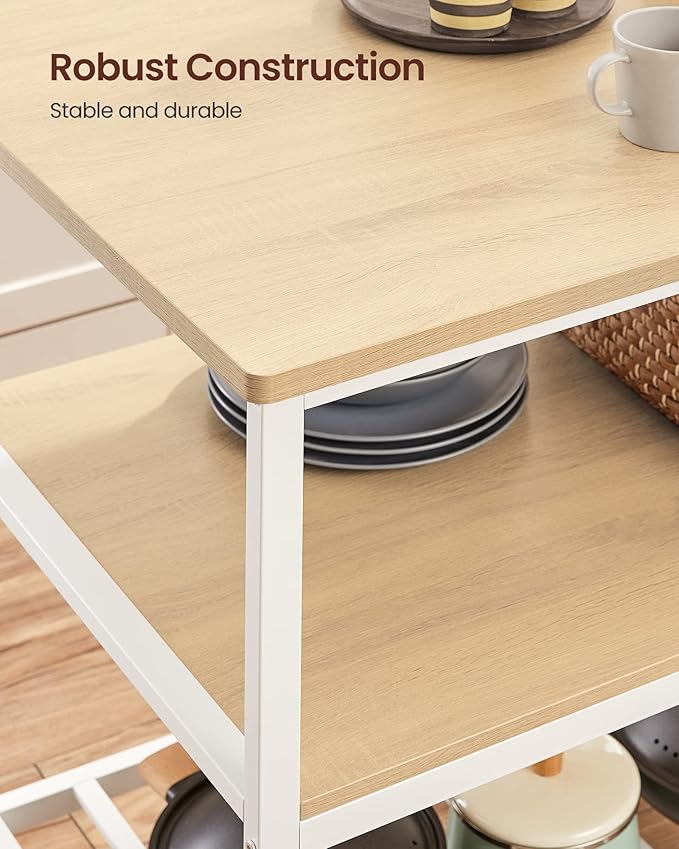 VASAGLE Kitchen Island with 3 Shelves, 47.2 Inches Width Kitchen Shelf with Large Worktop, Stable Steel Structure, Industrial, Easy to Assemble, Oak Color and White UKKI001W09