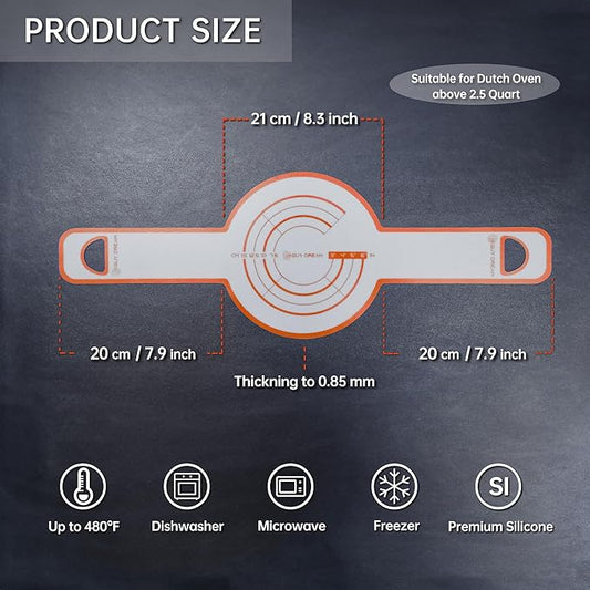 GUYDREMAT Dutch Oven Bread Baking Sling - Heat Resistant, Non-Stick Silicone Mat for Lifting Artisan Loaves, Food-Grade, Reusable Bread Tool, Fits 3-7 Quart Cookware, Easy to Clean