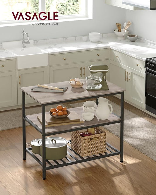 VASAGLE Kitchen Island with 3 Shelves, 39.4 Inches Width Kitchen Shelf with Large Worktop, Stable Steel Structure, Industrial, Easy to Assemble, Greige and Black UKKI005B02