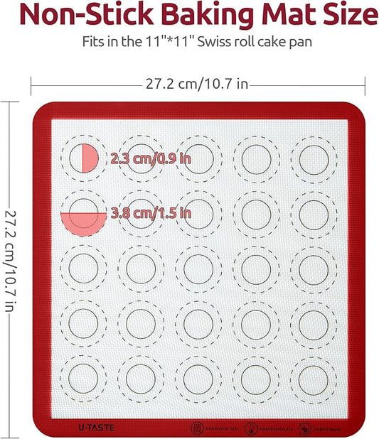 446ºF Heat Resistant Macaron Mat: U-Taste 11x11in Non Stick Silicone Baking Mat, Reusable Cookies Pastry Sheet Liner with Edge Enhancement & Circle Measurement for Square Cake Pan (2 PCS, Red)