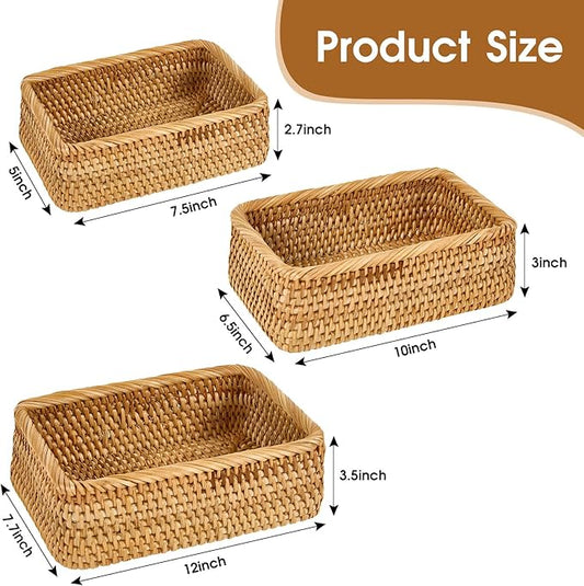 Natural Rectangular Rattan Storage Baskets (Set of 3), Hand Woven Food and Fruit Serving Baskets, Wicker Organizer for Living Room, Bedroom, Kitchen