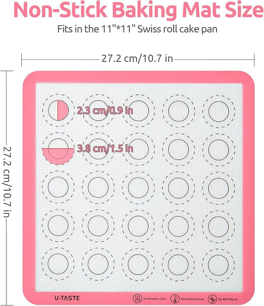 446ºF Heat Resistant Macaron Mat: U-Taste 11x11in Non Stick Silicone Baking Mat, Reusable Cookies Pastry Sheet Liner with Edge Enhancement & Circle Measurement for Square Cake Pan (2 PCS, Pink)