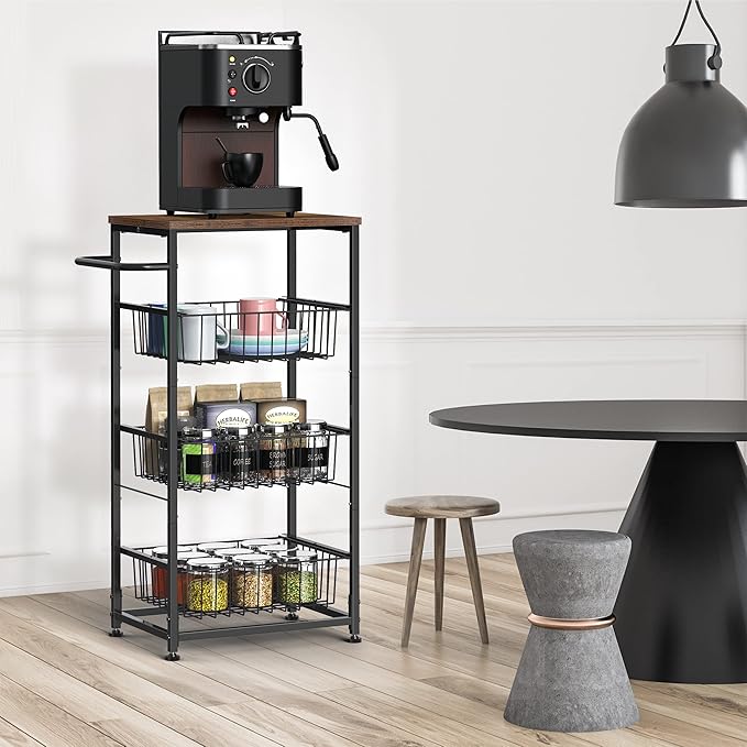 4 Tier Rolling Storage Cart, Kitchen Utility Storage Cart with Pull-Out Fruit Baskets, Mobile Pantry Cart with Wheels, Kitchen, Bathroom, Brown