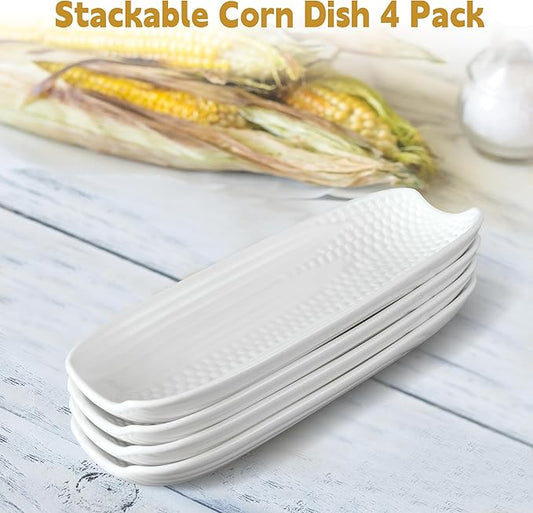 Cinf Ceramic Corn Cob Holders 8.8" Corn Dishes Set of 4, White Dishes Non-slip Bottom Microwave Dishwasher Oven Safe