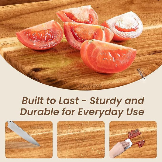 Acacia Wood Cutting Board Set of 3 with Handles – Round, Rectangular & Paddle Charcuterie Boards for Cheese, Meat, Pizza, Bread & Fruits