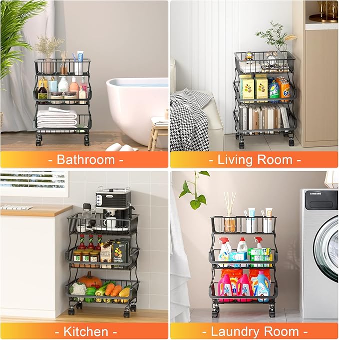 3-Tier Rolling Pantry Organizers and Storage Cart with Wheels – Stackable Wire Snack Cart for Kitchen, Pantry Shelves and Storage Rack for Fruit, Vegetables, Onion, Potato, 1 Pcs