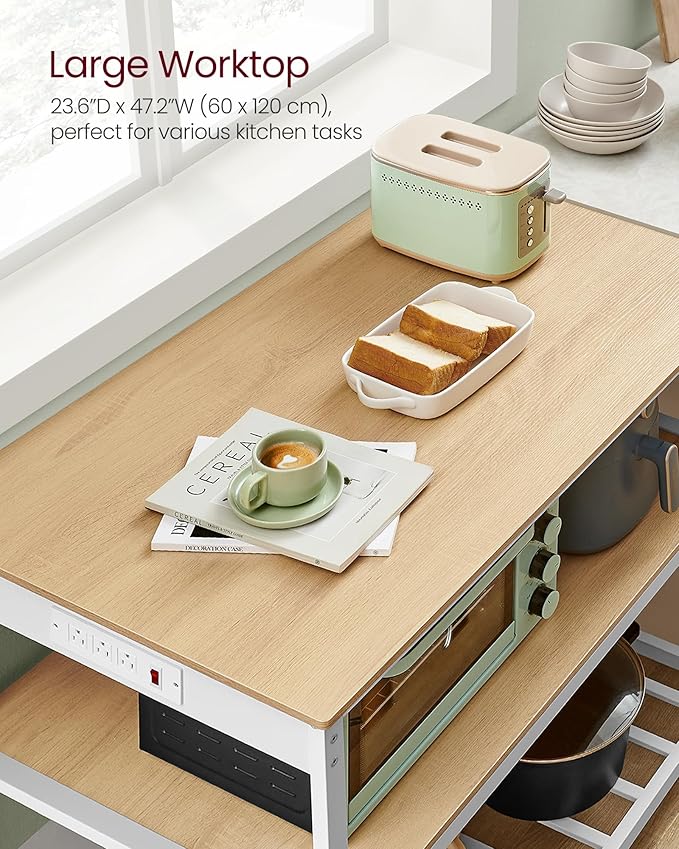 VASAGLE Kitchen Island with 3 Shelves, Kitchen Shelf with Power Strip, 23.6 x 47.2 x 34.9 Inches, Large Worktop, Steel Structure, Industrial, Easy to Assemble, Oak Color and White UKKI101Y01