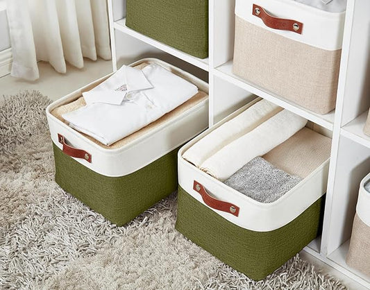 DECOMOMO Fabric Storage Bins - Storage Baskets for Shelves, Linen Closet Organization (Olive Green & White, Large - 3 Pack)