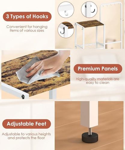 Mocomax 3-Tier Pot and Pan Organizer Rack, Free Standing Cookware Storage Stand, Multifunctional Metal Corner Shelf Holds 50LB, Pan Pot Lid Tower Holder with 8 Hooks for Kitchen Pantry and Home, White