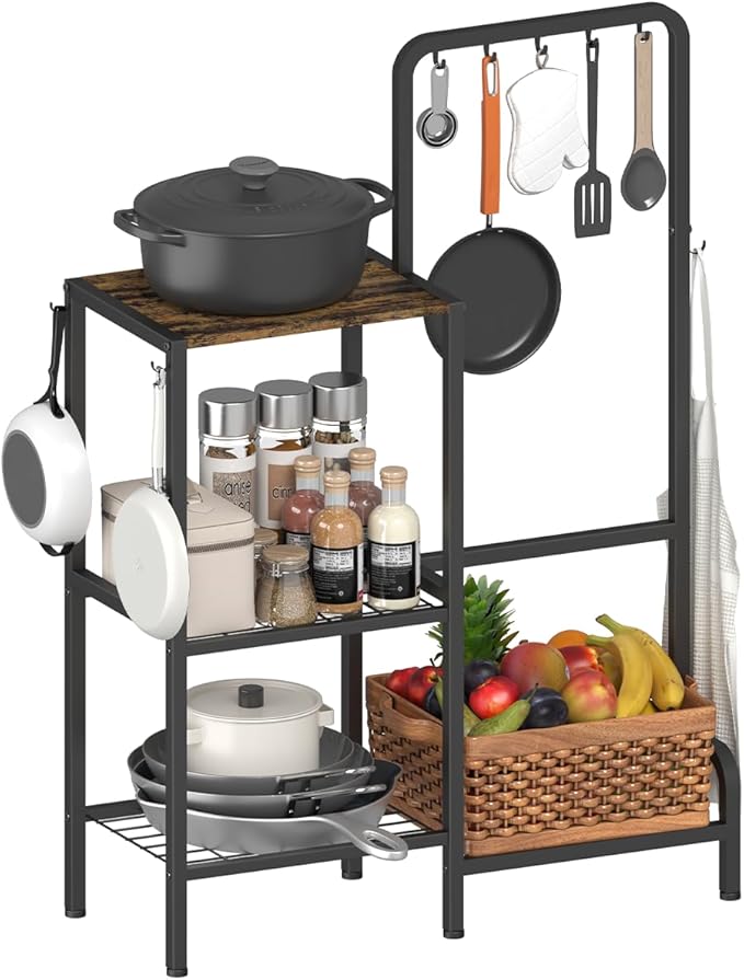 Mocomax 3-Tier Pot and Pan Organizer Rack, Free Standing Cookware Storage Stand, Multifunctional Metal Corner Shelf Holds 50LB, Pan Pot Lid Tower Holder with 8 Hooks for Kitchen Pantry and Home, Black