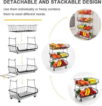 Fruit Vegetable Storage Basket, 4 Tier Stackable Metal Wire Storage Baskets with Wheels, Fruit Vegetable Produce Basket Organizer Bins for Kitchen, Pantry, Bathroom