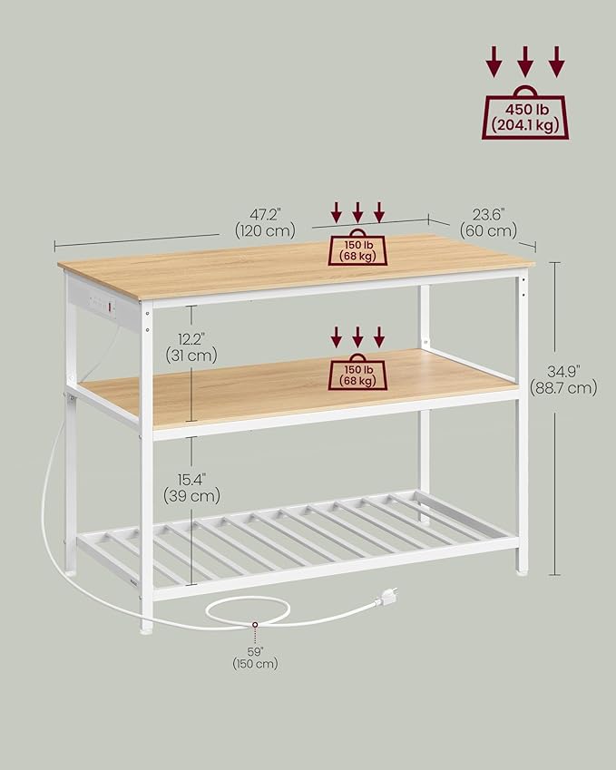 VASAGLE Kitchen Island with 3 Shelves, Kitchen Shelf with Power Strip, 23.6 x 47.2 x 34.9 Inches, Large Worktop, Steel Structure, Industrial, Easy to Assemble, Oak Color and White UKKI101Y01
