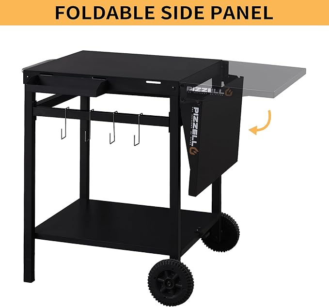 Garden Cart 2 Layers Grill Cart for Outdoor Foldable Shelf Worktable Outside Kitchen Pizza Oven Stand Trolley with Handle, Wheels, and Hooks