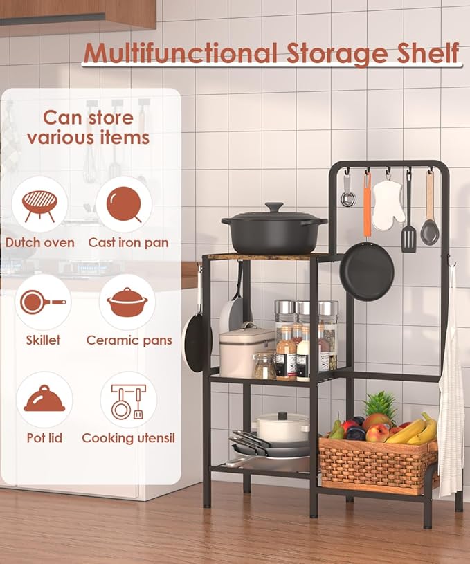 Mocomax 3-Tier Pot and Pan Organizer Rack, Free Standing Cookware Storage Stand, Multifunctional Metal Corner Shelf Holds 50LB, Pan Pot Lid Tower Holder with 8 Hooks for Kitchen Pantry and Home, Black