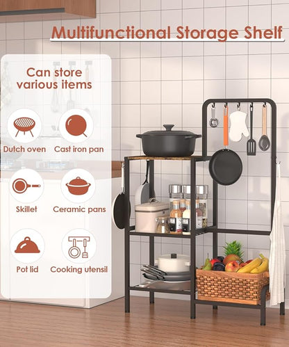 Mocomax 3-Tier Pot and Pan Organizer Rack, Free Standing Cookware Storage Stand, Multifunctional Metal Corner Shelf Holds 50LB, Pan Pot Lid Tower Holder with 8 Hooks for Kitchen Pantry and Home, Black