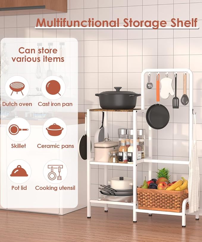 Mocomax 3-Tier Pot and Pan Organizer Rack, Free Standing Cookware Storage Stand, Multifunctional Metal Corner Shelf Holds 50LB, Pan Pot Lid Tower Holder with 8 Hooks for Kitchen Pantry and Home, White