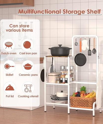 Mocomax 3-Tier Pot and Pan Organizer Rack, Free Standing Cookware Storage Stand, Multifunctional Metal Corner Shelf Holds 50LB, Pan Pot Lid Tower Holder with 8 Hooks for Kitchen Pantry and Home, White