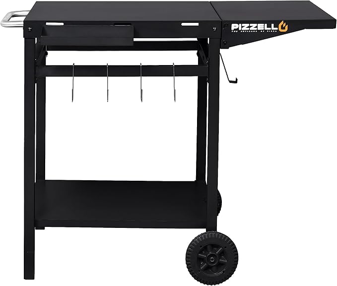 Garden Cart 2 Layers Grill Cart for Outdoor Foldable Shelf Worktable Outside Kitchen Pizza Oven Stand Trolley with Handle, Wheels, and Hooks