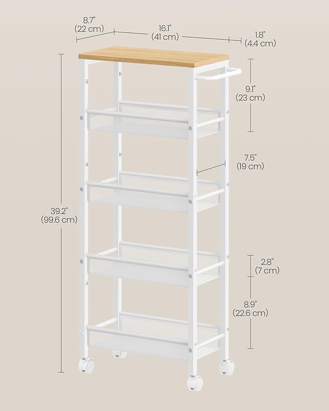 VASAGLE Slim Rolling Cart, 5-Tier Storage Cart, Narrow Cart with Handle, 8.7 Inches Deep, Metal Frame, for Kitchen, Dining Room, Living Room, Home Office, Oak Beige and Classic White ULRC035W09