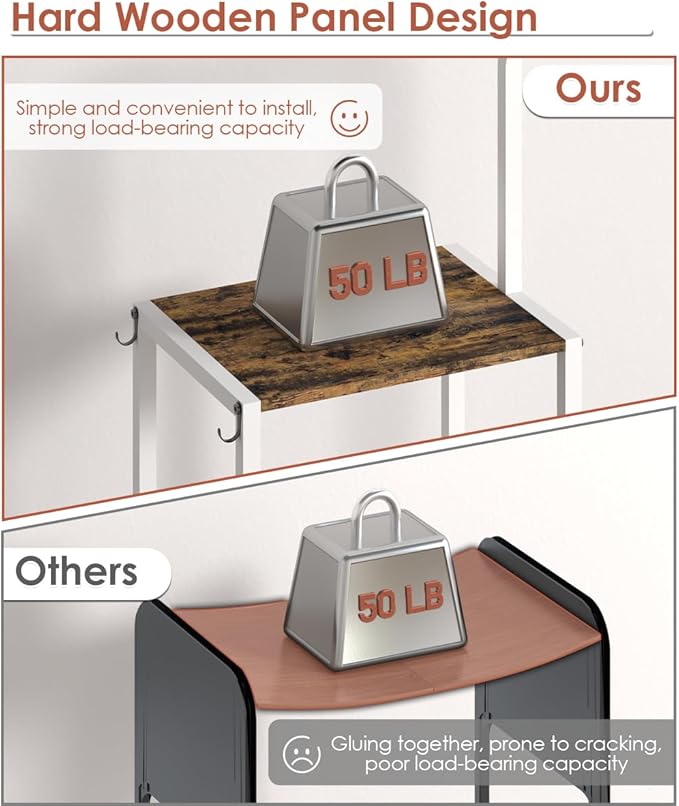 Mocomax 3-Tier Pot and Pan Organizer Rack, Free Standing Cookware Storage Stand, Multifunctional Metal Corner Shelf Holds 50LB, Pan Pot Lid Tower Holder with 8 Hooks for Kitchen Pantry and Home, White
