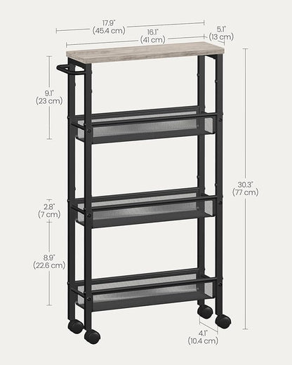 VASAGLE Slim Rolling Cart, 4-Tier Storage Cart, Narrow Cart with Handle, 5.1 Inches Deep, Metal Frame, for Kitchen, Dining Room, Living Room, Home Office, Heather Greige and Classic Black ULRC032K01
