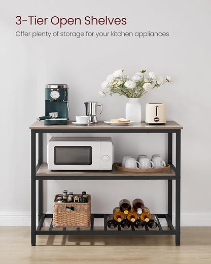 VASAGLE Kitchen Island with 3 Shelves, 39.4 Inches Width Kitchen Shelf with Large Worktop, Stable Steel Structure, Industrial, Easy to Assemble, Greige and Black UKKI005B02